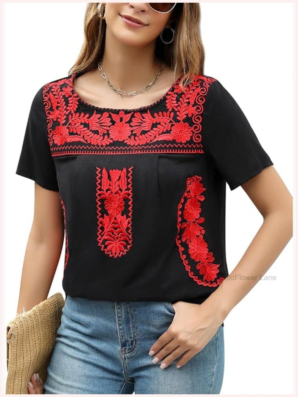 Embroidered Floral Blouse Short Sleeve Crew Neck Casual Top